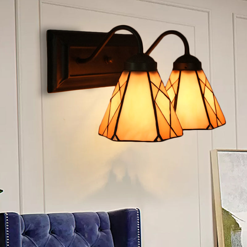 Cone Beige Glass Sconce Light Tiffany 2 Heads Black Wall Mounted Light for Living Room Beige Clearhalo 'Industrial' 'Middle century wall lights' 'Tiffany wall lights' 'Tiffany' 'Wall Lamps & Sconces' 'Wall Lights' Lighting' 174835