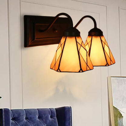 Cone Beige Glass Sconce Light Tiffany 2 Heads Black Wall Mounted Light for Living Room Beige Clearhalo 'Industrial' 'Middle century wall lights' 'Tiffany wall lights' 'Tiffany' 'Wall Lamps & Sconces' 'Wall Lights' Lighting' 174835