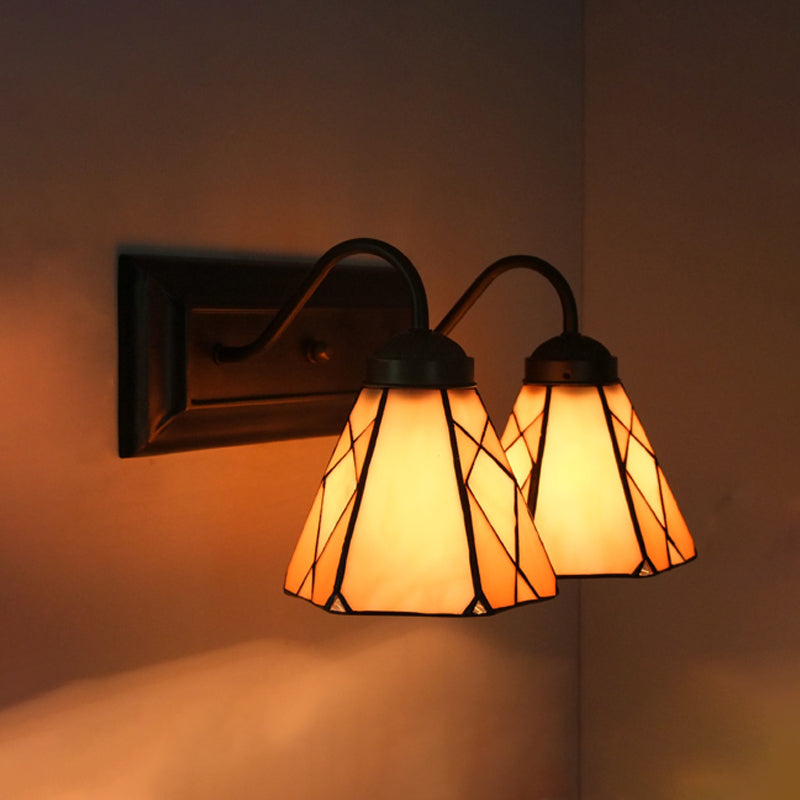 Cone Beige Glass Sconce Light Tiffany 2 Heads Black Wall Mounted Light for Living Room Clearhalo 'Industrial' 'Middle century wall lights' 'Tiffany wall lights' 'Tiffany' 'Wall Lamps & Sconces' 'Wall Lights' Lighting' 174836