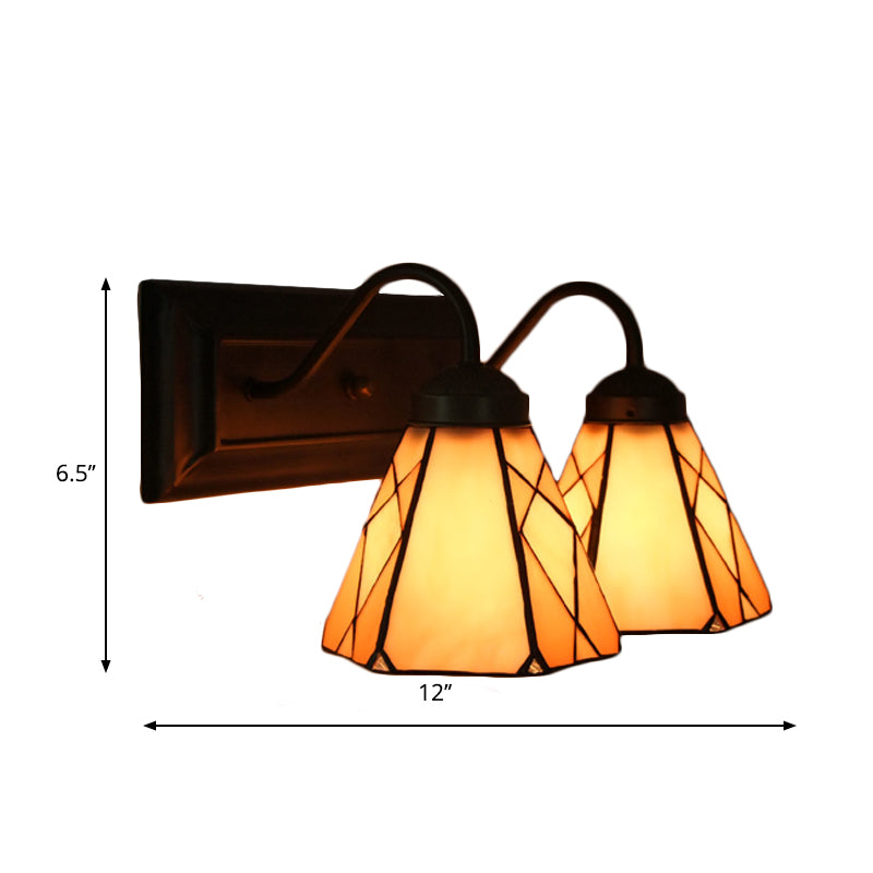 Cone Beige Glass Sconce Light Tiffany 2 Heads Black Wall Mounted Light for Living Room Clearhalo 'Industrial' 'Middle century wall lights' 'Tiffany wall lights' 'Tiffany' 'Wall Lamps & Sconces' 'Wall Lights' Lighting' 174838