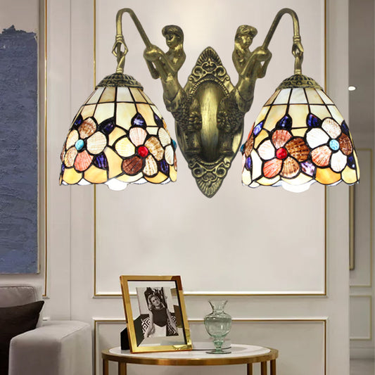 Flower Bedroom Wall Mounted Light Shell 2 Heads Victorian Sconce Light with Mermaid Backplate in Beige Beige Clearhalo 'Industrial' 'Middle century wall lights' 'Tiffany wall lights' 'Tiffany' 'Wall Lamps & Sconces' 'Wall Lights' Lighting' 174839