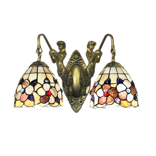 Flower Bedroom Wall Mounted Light Shell 2 Heads Victorian Sconce Light with Mermaid Backplate in Beige Clearhalo 'Industrial' 'Middle century wall lights' 'Tiffany wall lights' 'Tiffany' 'Wall Lamps & Sconces' 'Wall Lights' Lighting' 174841