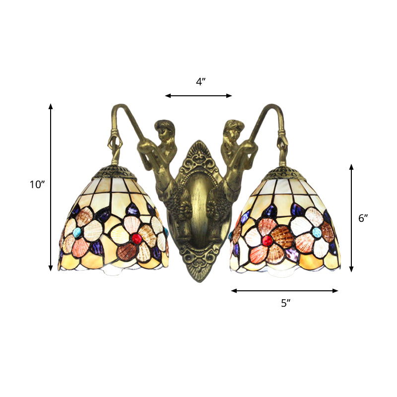 Flower Bedroom Wall Mounted Light Shell 2 Heads Victorian Sconce Light with Mermaid Backplate in Beige Clearhalo 'Industrial' 'Middle century wall lights' 'Tiffany wall lights' 'Tiffany' 'Wall Lamps & Sconces' 'Wall Lights' Lighting' 174842