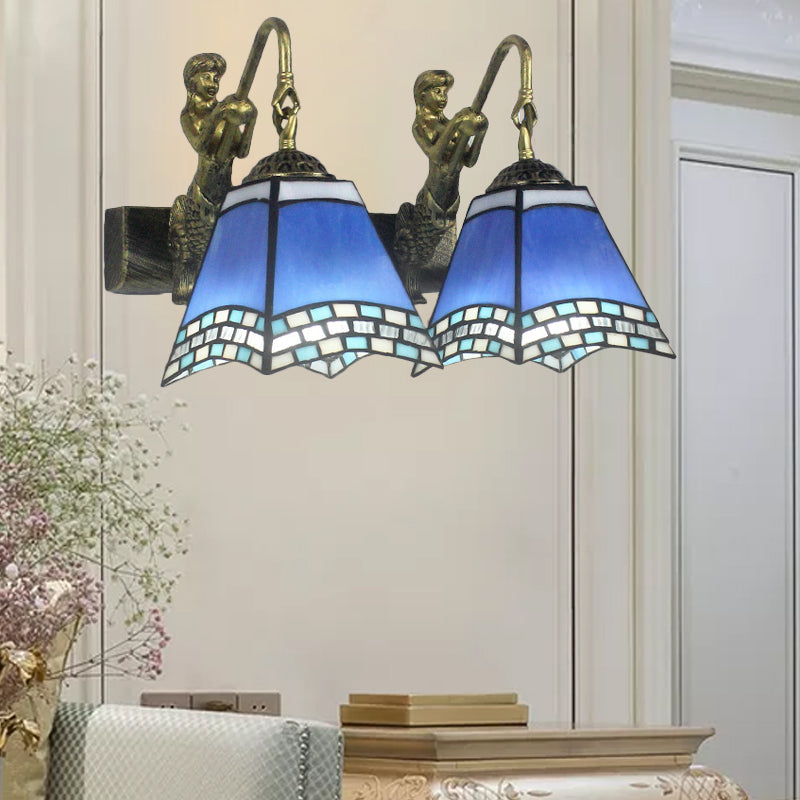 2 Heads Pyramid Wall Mounted Light Mediterranean Blue Glass Sconce Light for Bedroom Blue Clearhalo 'Industrial' 'Middle century wall lights' 'Tiffany wall lights' 'Tiffany' 'Wall Lamps & Sconces' 'Wall Lights' Lighting' 174848