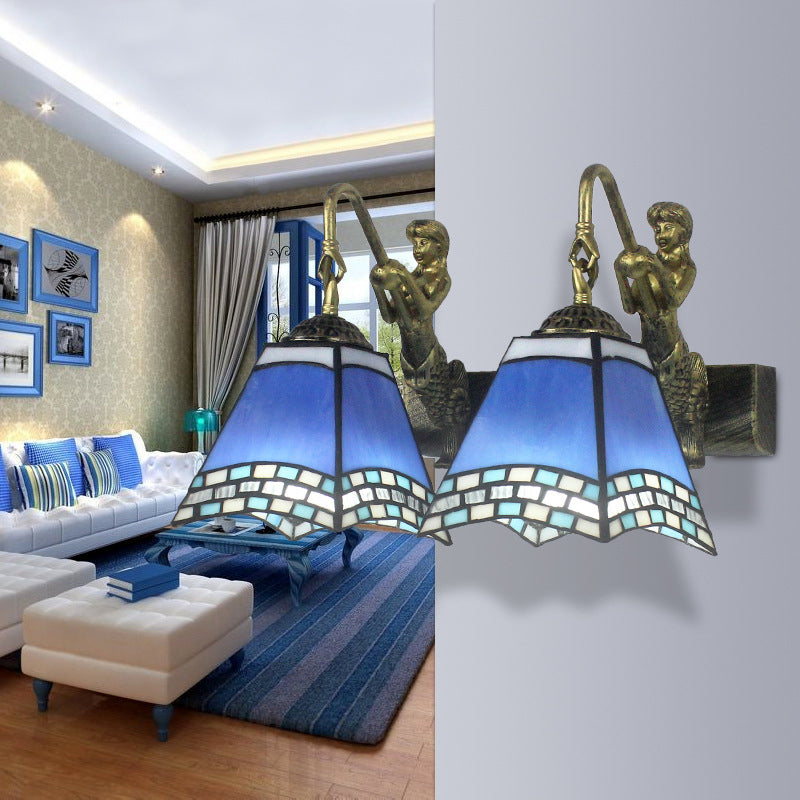 2 Heads Pyramid Wall Mounted Light Mediterranean Blue Glass Sconce Light for Bedroom Clearhalo 'Industrial' 'Middle century wall lights' 'Tiffany wall lights' 'Tiffany' 'Wall Lamps & Sconces' 'Wall Lights' Lighting' 174849