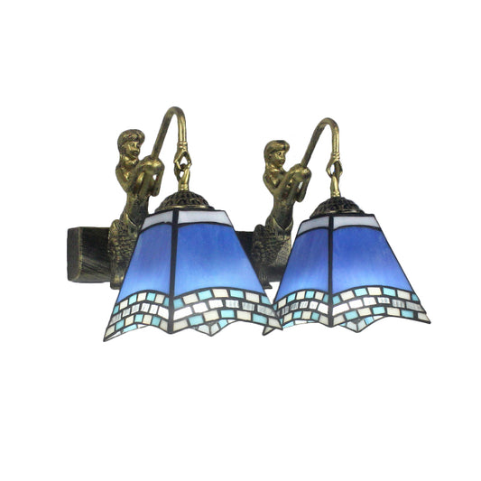 2 Heads Pyramid Wall Mounted Light Mediterranean Blue Glass Sconce Light for Bedroom Clearhalo 'Industrial' 'Middle century wall lights' 'Tiffany wall lights' 'Tiffany' 'Wall Lamps & Sconces' 'Wall Lights' Lighting' 174850