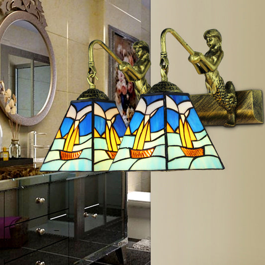 Blue Glass Sailboat Sconce Light Mediterranean 2 Heads Antique Brass Wall Mounted Lighting Clearhalo 'Industrial' 'Middle century wall lights' 'Tiffany wall lights' 'Tiffany' 'Wall Lamps & Sconces' 'Wall Lights' Lighting' 174860