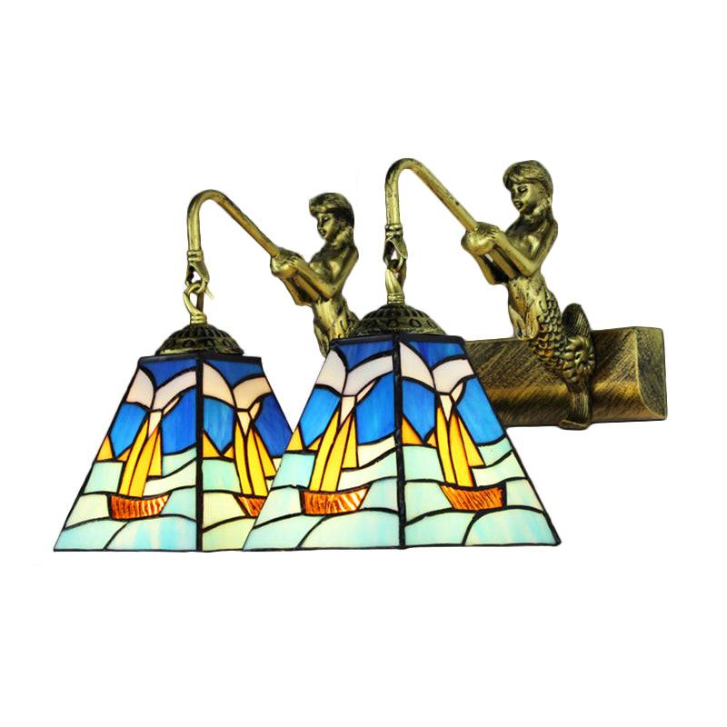 Blue Glass Sailboat Sconce Light Mediterranean 2 Heads Antique Brass Wall Mounted Lighting Clearhalo 'Industrial' 'Middle century wall lights' 'Tiffany wall lights' 'Tiffany' 'Wall Lamps & Sconces' 'Wall Lights' Lighting' 174861