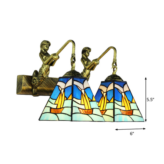 Blue Glass Sailboat Sconce Light Mediterranean 2 Heads Antique Brass Wall Mounted Lighting Clearhalo 'Industrial' 'Middle century wall lights' 'Tiffany wall lights' 'Tiffany' 'Wall Lamps & Sconces' 'Wall Lights' Lighting' 174862