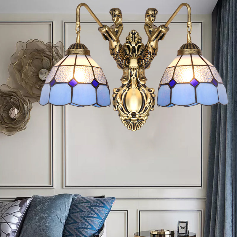 Blue Glass Brass Wall Light Fixture Dome 2 Heads Tiffany Sconce Lighting with Mermaid Backplate Blue Clearhalo 'Cast Iron' 'Glass' 'Industrial' 'Middle century wall lights' 'Modern' 'Tiffany wall lights' 'Tiffany' 'Traditional wall lights' 'Wall Lamps & Sconces' 'Wall Lights' Lighting' 174863