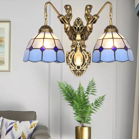 Blue Glass Brass Wall Light Fixture Dome 2 Heads Tiffany Sconce Lighting with Mermaid Backplate Clearhalo 'Cast Iron' 'Glass' 'Industrial' 'Middle century wall lights' 'Modern' 'Tiffany wall lights' 'Tiffany' 'Traditional wall lights' 'Wall Lamps & Sconces' 'Wall Lights' Lighting' 174864