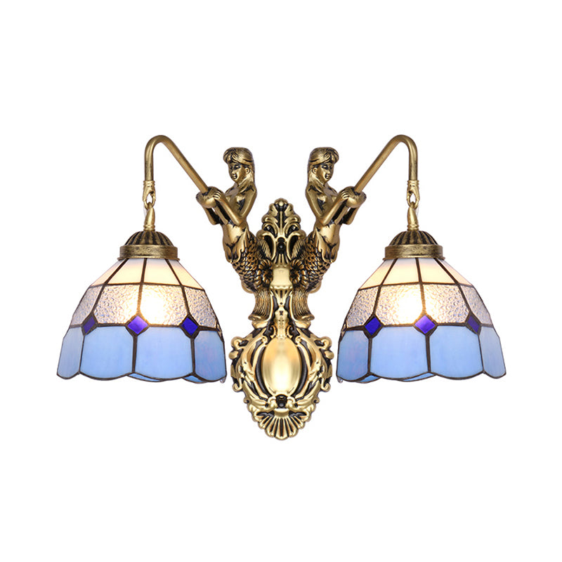 Blue Glass Brass Wall Light Fixture Dome 2 Heads Tiffany Sconce Lighting with Mermaid Backplate Clearhalo 'Cast Iron' 'Glass' 'Industrial' 'Middle century wall lights' 'Modern' 'Tiffany wall lights' 'Tiffany' 'Traditional wall lights' 'Wall Lamps & Sconces' 'Wall Lights' Lighting' 174865