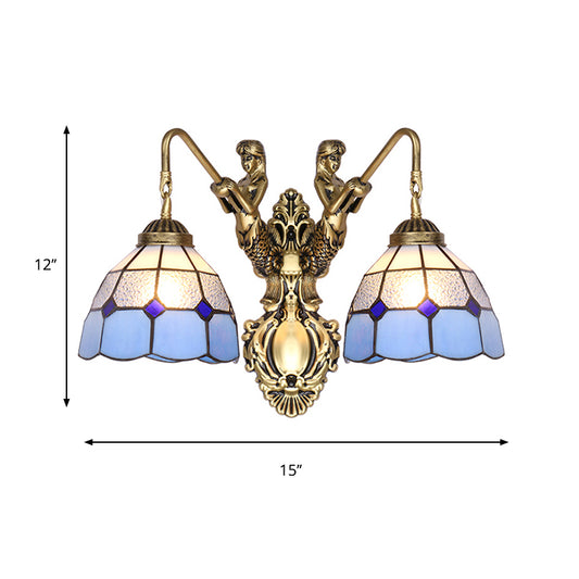 Blue Glass Brass Wall Light Fixture Dome 2 Heads Tiffany Sconce Lighting with Mermaid Backplate Clearhalo 'Cast Iron' 'Glass' 'Industrial' 'Middle century wall lights' 'Modern' 'Tiffany wall lights' 'Tiffany' 'Traditional wall lights' 'Wall Lamps & Sconces' 'Wall Lights' Lighting' 174866