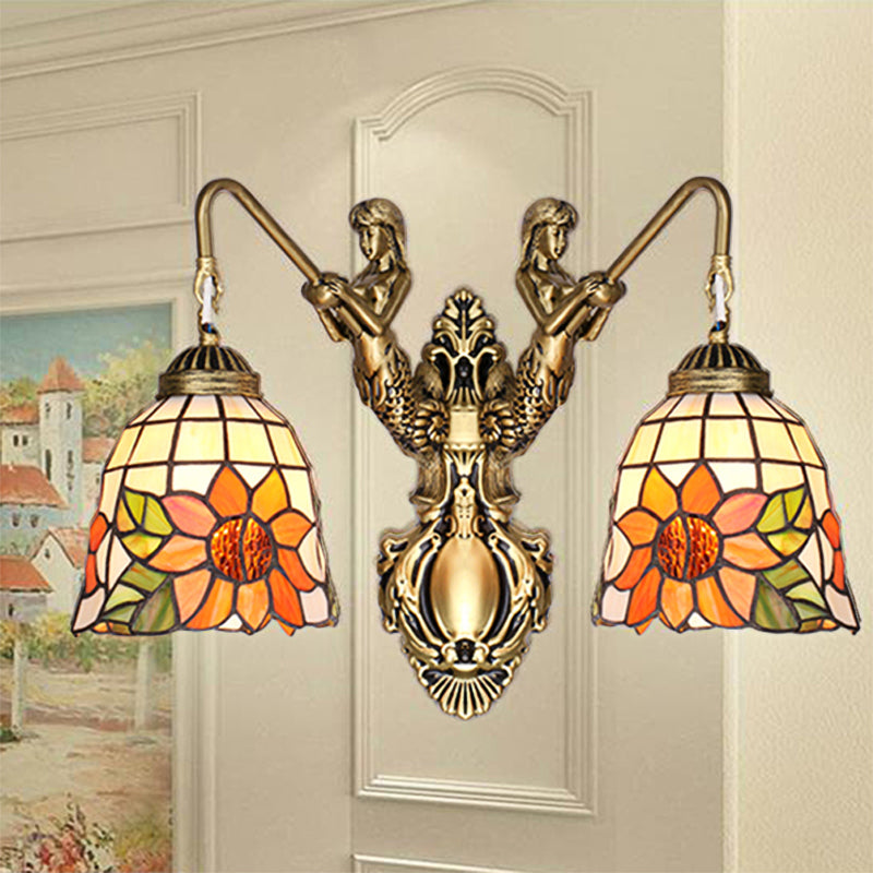 Gold Flared Sconce Light Fixture Tiffany 2 Heads Beige Glass Wall Mounted Light with Sunflower Pattern Beige Clearhalo 'Industrial' 'Middle century wall lights' 'Tiffany wall lights' 'Tiffany' 'Wall Lamps & Sconces' 'Wall Lights' Lighting' 174867