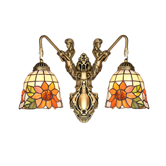 Gold Flared Sconce Light Fixture Tiffany 2 Heads Beige Glass Wall Mounted Light with Sunflower Pattern Clearhalo 'Industrial' 'Middle century wall lights' 'Tiffany wall lights' 'Tiffany' 'Wall Lamps & Sconces' 'Wall Lights' Lighting' 174869