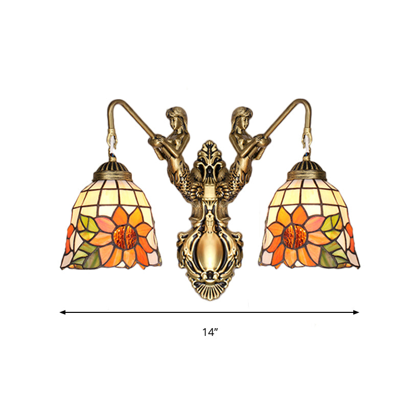 Gold Flared Sconce Light Fixture Tiffany 2 Heads Beige Glass Wall Mounted Light with Sunflower Pattern Clearhalo 'Industrial' 'Middle century wall lights' 'Tiffany wall lights' 'Tiffany' 'Wall Lamps & Sconces' 'Wall Lights' Lighting' 174870