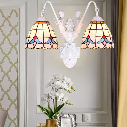 Bell Stained Glass Sconce Light Fixture Tiffany 2 Heads White Wall Mounted Light with Mermaid Decoration Clearhalo 'Industrial' 'Middle century wall lights' 'Tiffany wall lights' 'Tiffany' 'Wall Lamps & Sconces' 'Wall Lights' Lighting' 174872