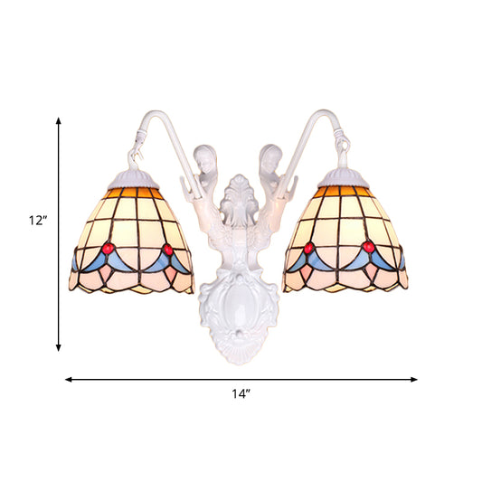 Bell Stained Glass Sconce Light Fixture Tiffany 2 Heads White Wall Mounted Light with Mermaid Decoration Clearhalo 'Industrial' 'Middle century wall lights' 'Tiffany wall lights' 'Tiffany' 'Wall Lamps & Sconces' 'Wall Lights' Lighting' 174874