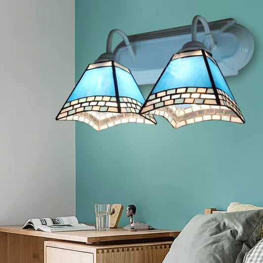 2 Heads Pyramid Wall Lamp with Blue Glass Shade Nautical Wall Mount Light for Bathroom Blue Clearhalo 'Industrial' 'Middle century wall lights' 'Tiffany wall lights' 'Tiffany' 'Wall Lamps & Sconces' 'Wall Lights' Lighting' 174875