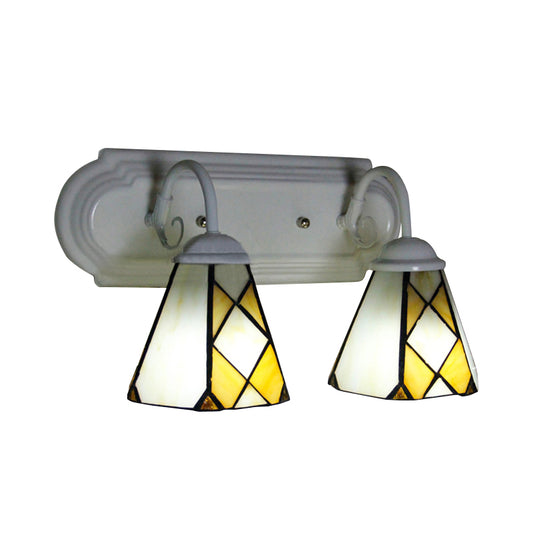 Cone Wall Sconce Light 2 Heads Stained Glass Rustic Vintage Bathroom Wall Lighting in Beige Clearhalo 'Industrial' 'Middle century wall lights' 'Tiffany wall lights' 'Tiffany' 'Wall Lamps & Sconces' 'Wall Lights' Lighting' 174886
