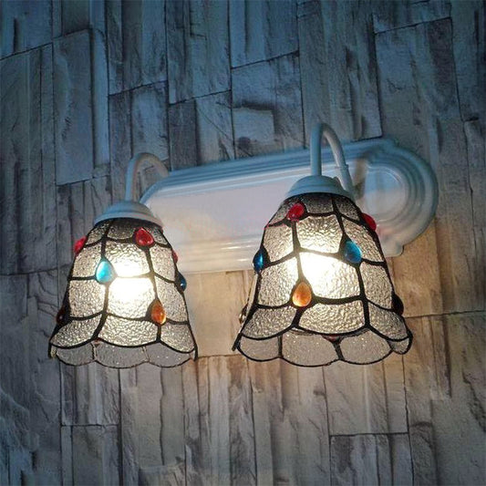 Dimpled Glass Bell Wall Lighting Tiffany Style 2 Heads Wall Sconce Light in White Finish for Bedroom Clearhalo 'Industrial' 'Middle century wall lights' 'Tiffany wall lights' 'Tiffany' 'Wall Lamps & Sconces' 'Wall Lights' Lighting' 174889