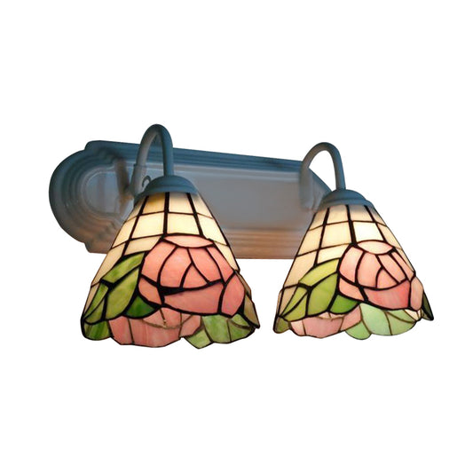 Pink Rose Wall Mount Light Victorian 2 Heads Multicolor Stained Glass Sconce Lighting Clearhalo 'Industrial' 'Middle century wall lights' 'Tiffany wall lights' 'Tiffany' 'Wall Lamps & Sconces' 'Wall Lights' Lighting' 174923