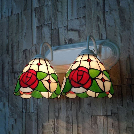 Rose Wall Mounted Light Victorian Stained Glass 2 Heads Red Sconce Light Fixture Clearhalo 'Industrial' 'Middle century wall lights' 'Tiffany wall lights' 'Tiffany' 'Wall Lamps & Sconces' 'Wall Lights' Lighting' 174936