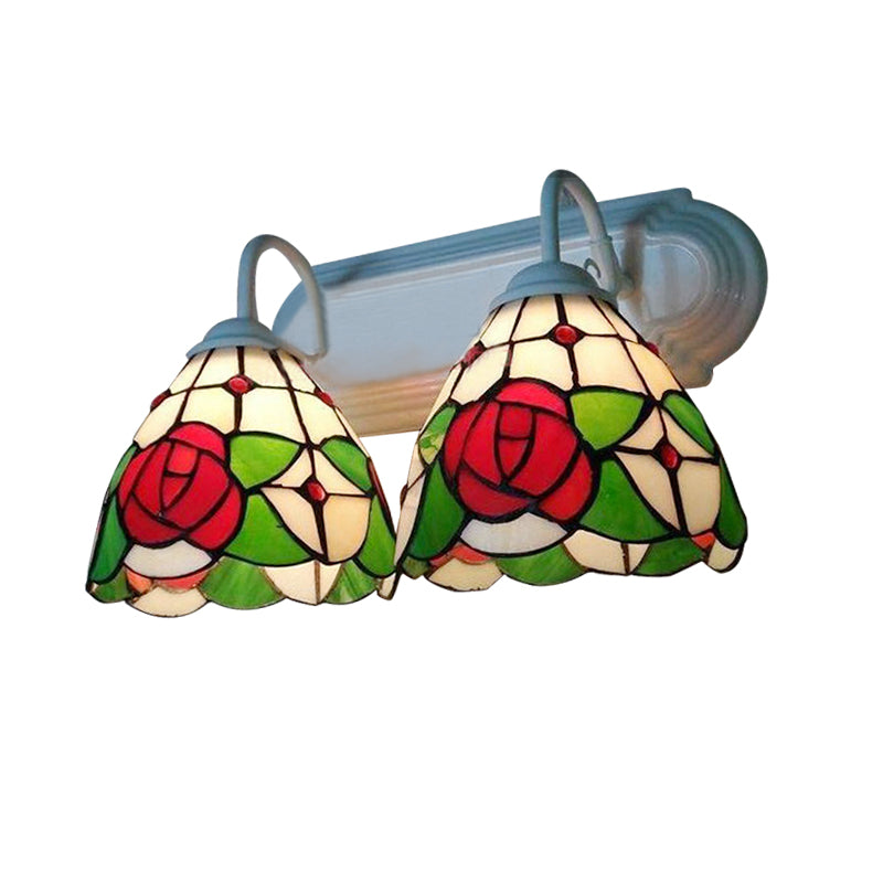 Rose Wall Mounted Light Victorian Stained Glass 2 Heads Red Sconce Light Fixture Clearhalo 'Industrial' 'Middle century wall lights' 'Tiffany wall lights' 'Tiffany' 'Wall Lamps & Sconces' 'Wall Lights' Lighting' 174937