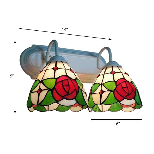 Rose Wall Mounted Light Victorian Stained Glass 2 Heads Red Sconce Light Fixture Clearhalo 'Industrial' 'Middle century wall lights' 'Tiffany wall lights' 'Tiffany' 'Wall Lamps & Sconces' 'Wall Lights' Lighting' 174938