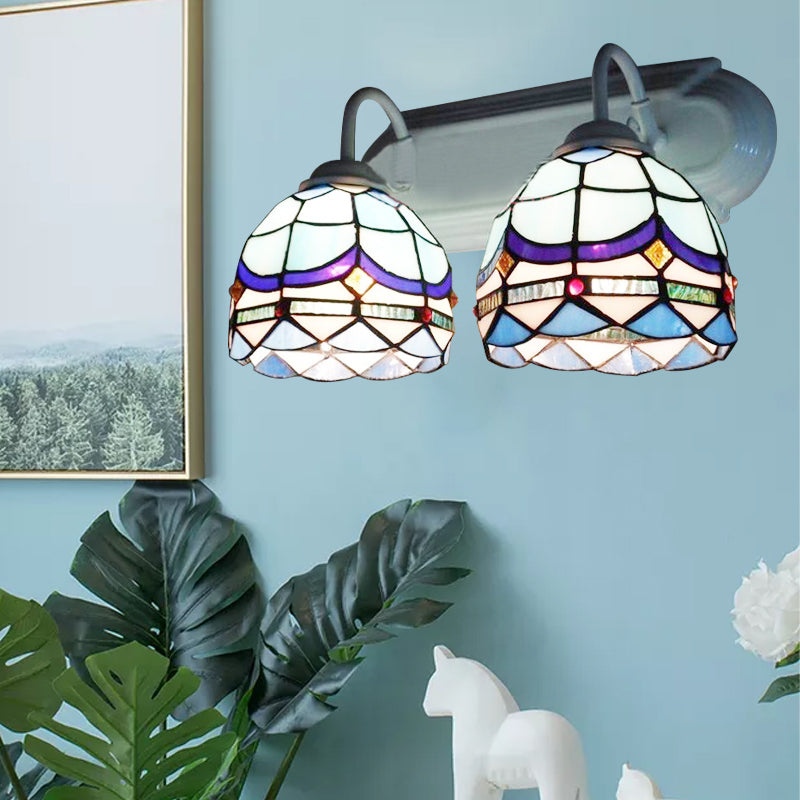 Baroque Wall Lighting with Bowl Shade Stained Glass 2 Heads Sconce Light in Blue for Living Room Blue Clearhalo 'Industrial' 'Middle century wall lights' 'Tiffany wall lights' 'Tiffany' 'Wall Lamps & Sconces' 'Wall Lights' Lighting' 174939