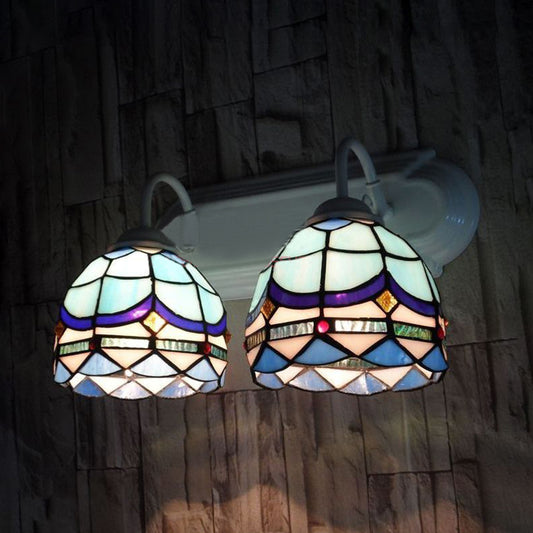 Baroque Wall Lighting with Bowl Shade Stained Glass 2 Heads Sconce Light in Blue for Living Room Clearhalo 'Industrial' 'Middle century wall lights' 'Tiffany wall lights' 'Tiffany' 'Wall Lamps & Sconces' 'Wall Lights' Lighting' 174940