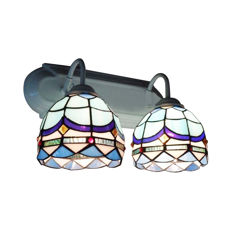Baroque Wall Lighting with Bowl Shade Stained Glass 2 Heads Sconce Light in Blue for Living Room Clearhalo 'Industrial' 'Middle century wall lights' 'Tiffany wall lights' 'Tiffany' 'Wall Lamps & Sconces' 'Wall Lights' Lighting' 174941