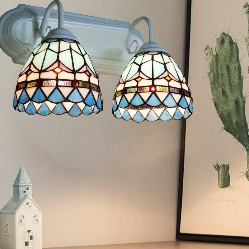 Stained Glass Bowl Sconce Light Baroque Style 2 Heads Wall Lighting in White Finish for Bedroom Blue Clearhalo 'Industrial' 'Middle century wall lights' 'Tiffany wall lights' 'Tiffany' 'Wall Lamps & Sconces' 'Wall Lights' Lighting' 174943