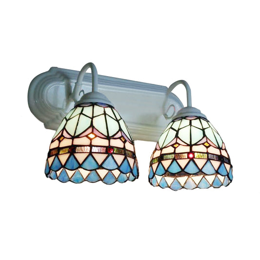 Stained Glass Bowl Sconce Light Baroque Style 2 Heads Wall Lighting in White Finish for Bedroom Clearhalo 'Industrial' 'Middle century wall lights' 'Tiffany wall lights' 'Tiffany' 'Wall Lamps & Sconces' 'Wall Lights' Lighting' 174945