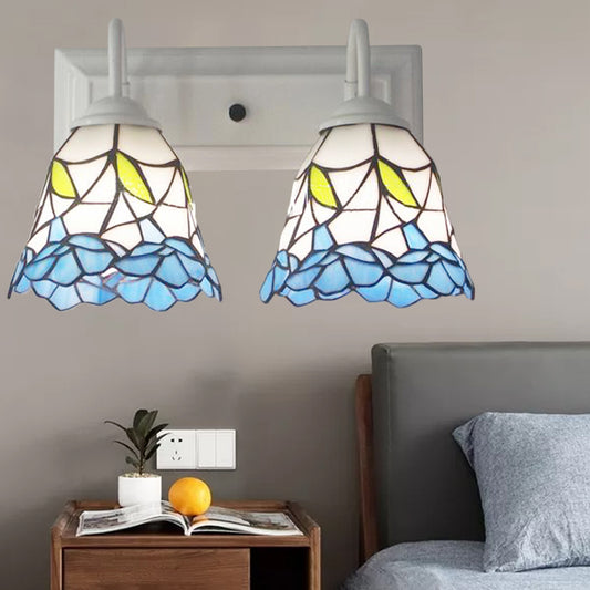 2 Heads Flared Wall Light Fixture Tiffany Blue Stained Glass Sconce Light for Bedroom Blue Clearhalo 'Industrial' 'Middle century wall lights' 'Tiffany wall lights' 'Tiffany' 'Wall Lamps & Sconces' 'Wall Lights' Lighting' 174969