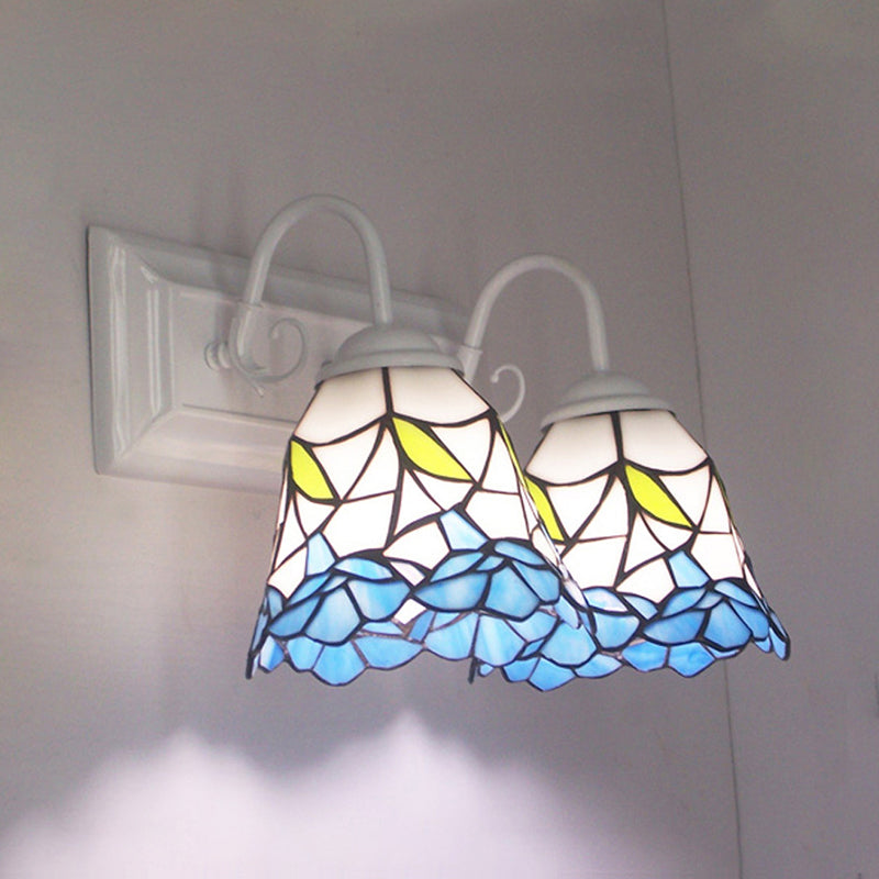 2 Heads Flared Wall Light Fixture Tiffany Blue Stained Glass Sconce Light for Bedroom Clearhalo 'Industrial' 'Middle century wall lights' 'Tiffany wall lights' 'Tiffany' 'Wall Lamps & Sconces' 'Wall Lights' Lighting' 174970