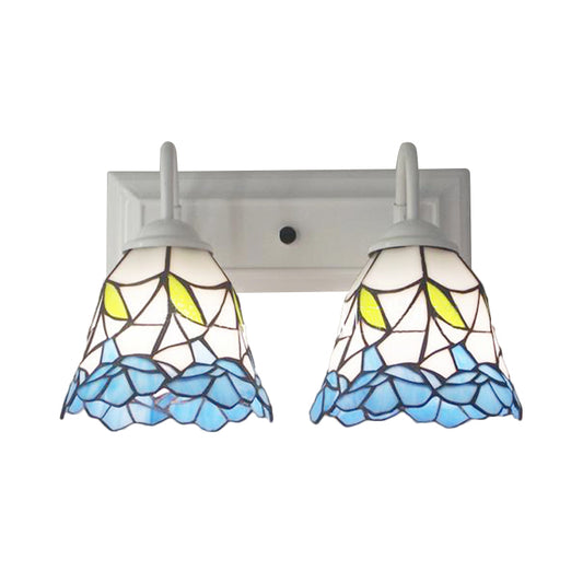 2 Heads Flared Wall Light Fixture Tiffany Blue Stained Glass Sconce Light for Bedroom Clearhalo 'Industrial' 'Middle century wall lights' 'Tiffany wall lights' 'Tiffany' 'Wall Lamps & Sconces' 'Wall Lights' Lighting' 174971