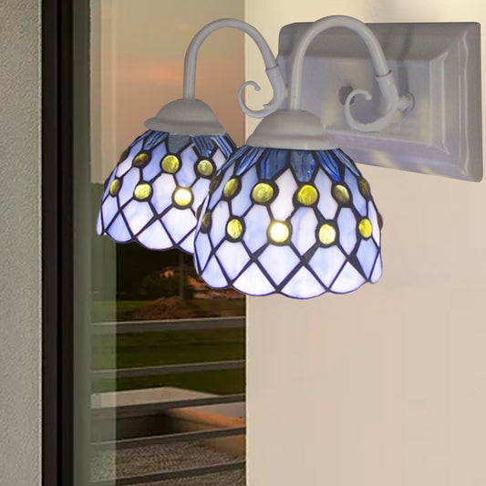 Global Wall Sconce Light with Bead Tiffany Style 2 Lights Stained Glass Wall Lamp in Sky Blue/Blue for Bedroom Blue Clearhalo 'Industrial' 'Middle century wall lights' 'Tiffany wall lights' 'Tiffany' 'Wall Lamps & Sconces' 'Wall Lights' Lighting' 174998