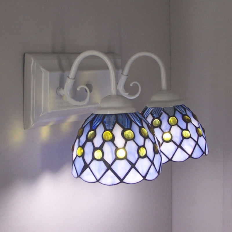 Global Wall Sconce Light with Bead Tiffany Style 2 Lights Stained Glass Wall Lamp in Sky Blue/Blue for Bedroom Clearhalo 'Industrial' 'Middle century wall lights' 'Tiffany wall lights' 'Tiffany' 'Wall Lamps & Sconces' 'Wall Lights' Lighting' 174999