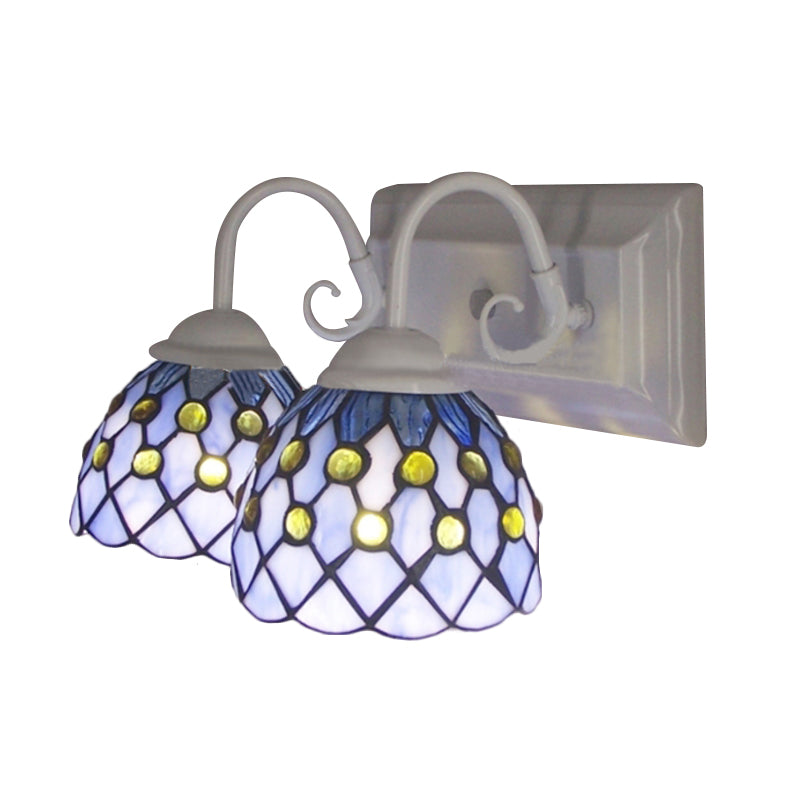 Global Wall Sconce Light with Bead Tiffany Style 2 Lights Stained Glass Wall Lamp in Sky Blue/Blue for Bedroom Clearhalo 'Industrial' 'Middle century wall lights' 'Tiffany wall lights' 'Tiffany' 'Wall Lamps & Sconces' 'Wall Lights' Lighting' 175000