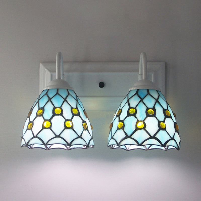 Global Wall Sconce Light with Bead Tiffany Style 2 Lights Stained Glass Wall Lamp in Sky Blue/Blue for Bedroom Clearhalo 'Industrial' 'Middle century wall lights' 'Tiffany wall lights' 'Tiffany' 'Wall Lamps & Sconces' 'Wall Lights' Lighting' 175003