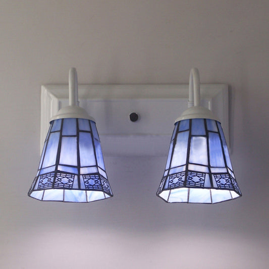 Bell Wall Lighting Mission Style Stained Glass 2 Heads Sconce Lamp in Blue for Dining Room Clearhalo 'Industrial' 'Middle century wall lights' 'Tiffany wall lights' 'Tiffany' 'Wall Lamps & Sconces' 'Wall Lights' Lighting' 175006