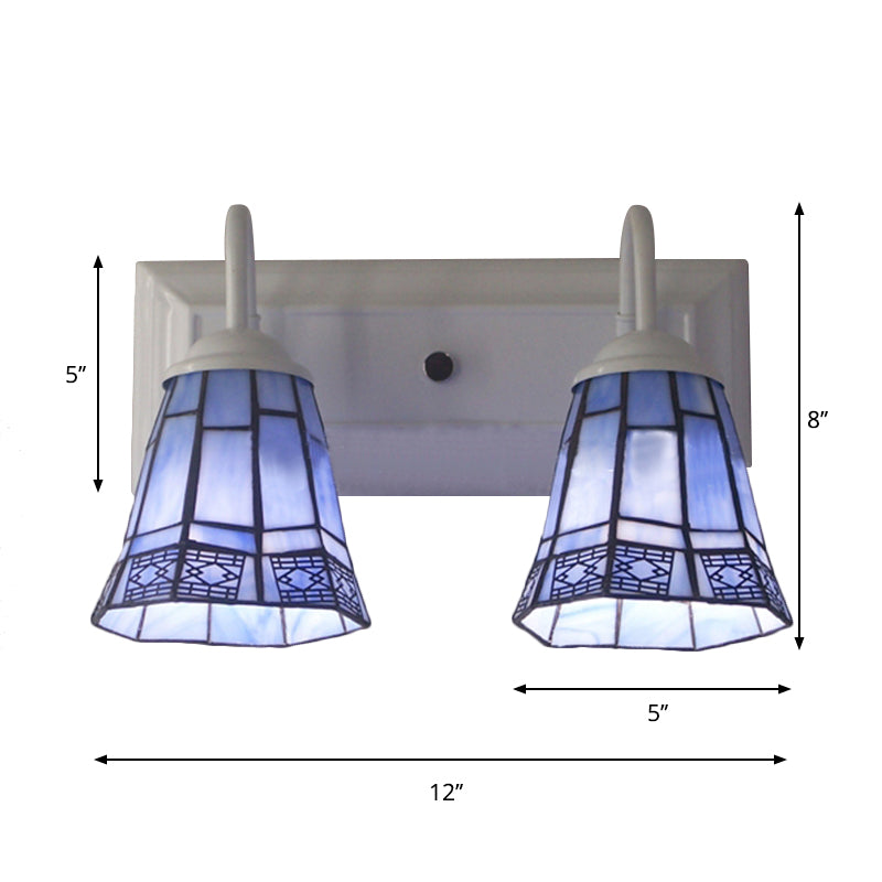 Bell Wall Lighting Mission Style Stained Glass 2 Heads Sconce Lamp in Blue for Dining Room Clearhalo 'Industrial' 'Middle century wall lights' 'Tiffany wall lights' 'Tiffany' 'Wall Lamps & Sconces' 'Wall Lights' Lighting' 175008