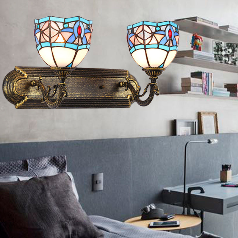 Stained Glass Bowl Wall Lamp Tiffany Vintage 2 Heads Wall Light Sconce in Blue for Living Room Clearhalo 'Industrial' 'Middle century wall lights' 'Tiffany wall lights' 'Tiffany' 'Wall Lamps & Sconces' 'Wall Lights' Lighting' 175029