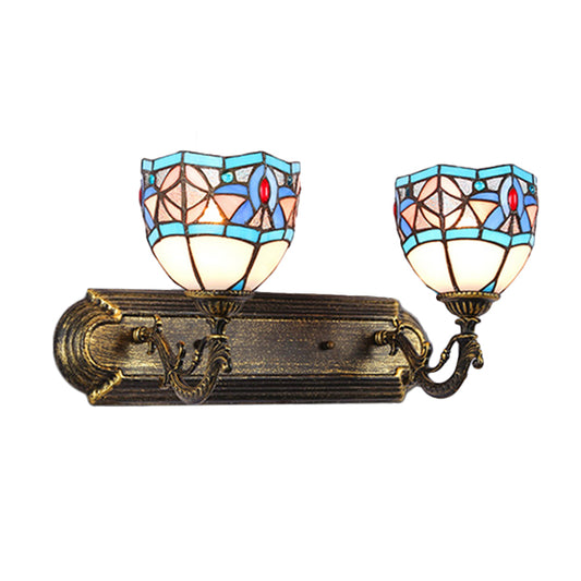 Stained Glass Bowl Wall Lamp Tiffany Vintage 2 Heads Wall Light Sconce in Blue for Living Room Clearhalo 'Industrial' 'Middle century wall lights' 'Tiffany wall lights' 'Tiffany' 'Wall Lamps & Sconces' 'Wall Lights' Lighting' 175030