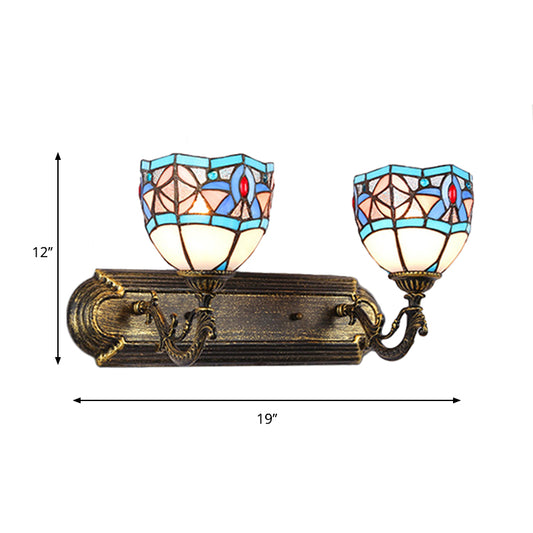 Stained Glass Bowl Wall Lamp Tiffany Vintage 2 Heads Wall Light Sconce in Blue for Living Room Clearhalo 'Industrial' 'Middle century wall lights' 'Tiffany wall lights' 'Tiffany' 'Wall Lamps & Sconces' 'Wall Lights' Lighting' 175031