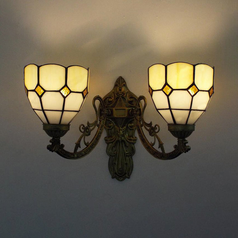 Stained Glass Wall Light Living Room 2 Lights Rustic Country Sconce Lighting in Orange/Pink/Blue/Beige for Library Clearhalo 'Industrial' 'Middle century wall lights' 'Tiffany wall lights' 'Tiffany' 'Wall Lamps & Sconces' 'Wall Lights' Lighting' 175072