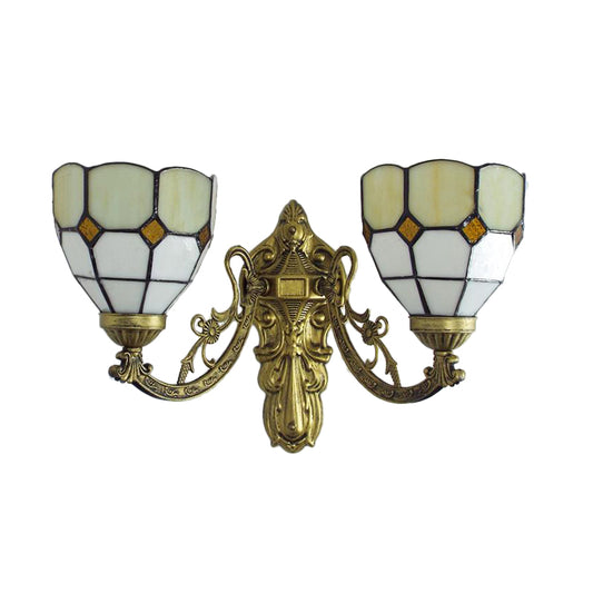 Stained Glass Wall Light Living Room 2 Lights Rustic Country Sconce Lighting in Orange/Pink/Blue/Beige for Library Clearhalo 'Industrial' 'Middle century wall lights' 'Tiffany wall lights' 'Tiffany' 'Wall Lamps & Sconces' 'Wall Lights' Lighting' 175073
