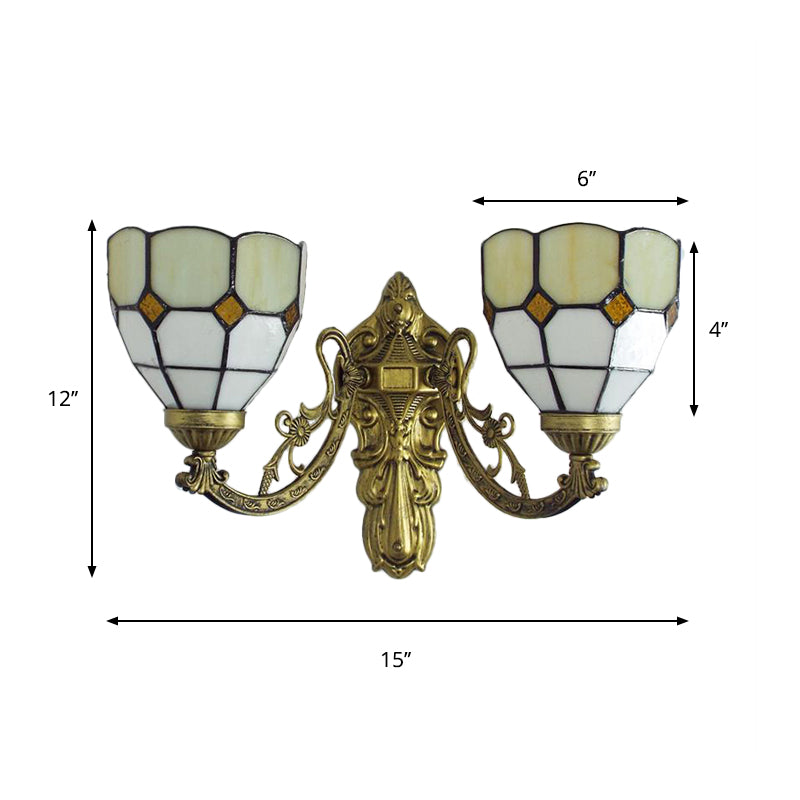 Stained Glass Wall Light Living Room 2 Lights Rustic Country Sconce Lighting in Orange/Pink/Blue/Beige for Library Clearhalo 'Industrial' 'Middle century wall lights' 'Tiffany wall lights' 'Tiffany' 'Wall Lamps & Sconces' 'Wall Lights' Lighting' 175074