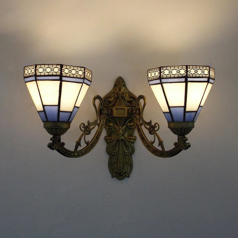 Stained Glass Wall Light Living Room 2 Lights Rustic Country Sconce Lighting in Orange/Pink/Blue/Beige for Library Clearhalo 'Industrial' 'Middle century wall lights' 'Tiffany wall lights' 'Tiffany' 'Wall Lamps & Sconces' 'Wall Lights' Lighting' 175076